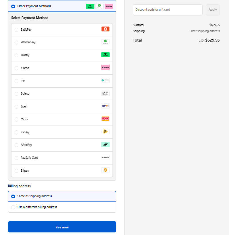 Shopify Embedded Multi-APMs: Shopify checkout – alternative payment methods